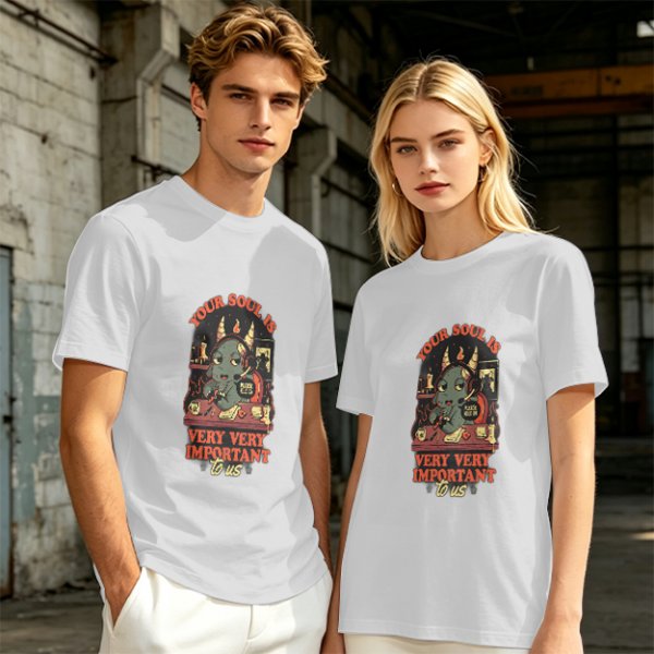 Olive t-shirt with devil call center graphic and 'Your Soul Is Very Important To Us' text