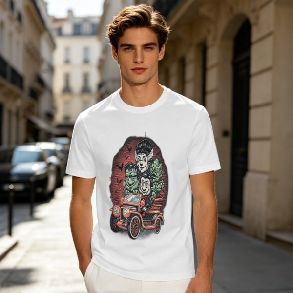 Halloween Monster Characters Driving Vintage Car Graphic T-Shirt