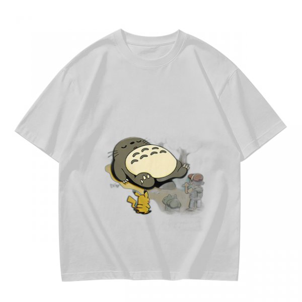 Olive T-shirt with Sleeping Totoro and Crossover Anime Characters Print