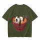 Olive green t-shirt with a panda relaxing in a steaming ramen bowl print