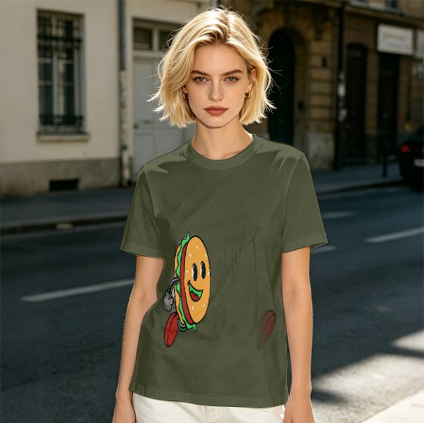 Olive T-Shirt With Cartoon Running Hamburger Character Print