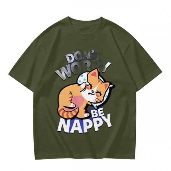 Olive T-Shirt with Don't Worry Be Nappy Sleeping Cat Graphic