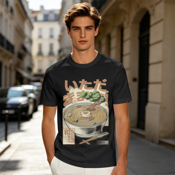 Olive green t-shirt with zen ramen bowl and bonsai tree print