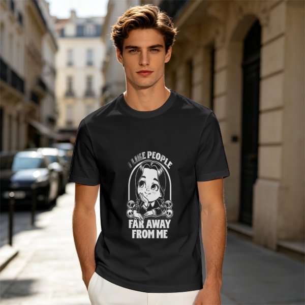 Olive t-shirt with Wednesday Addams 'I Like People Far Away From Me' print