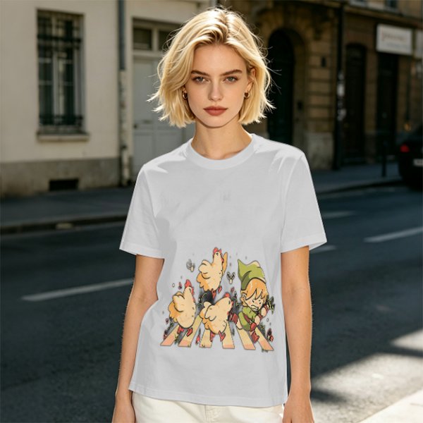 Olive Green T-Shirt With Chasing Chickens And Elf Character Print