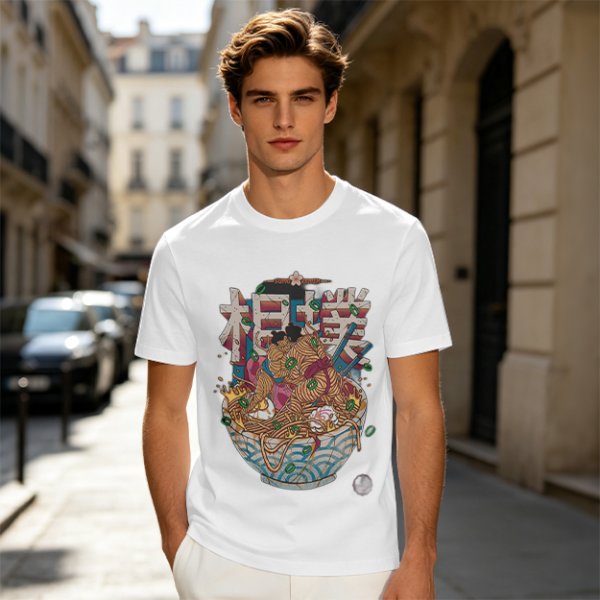 Olive T-shirt with Sumo Wrestler in Ramen Bowl Artwork