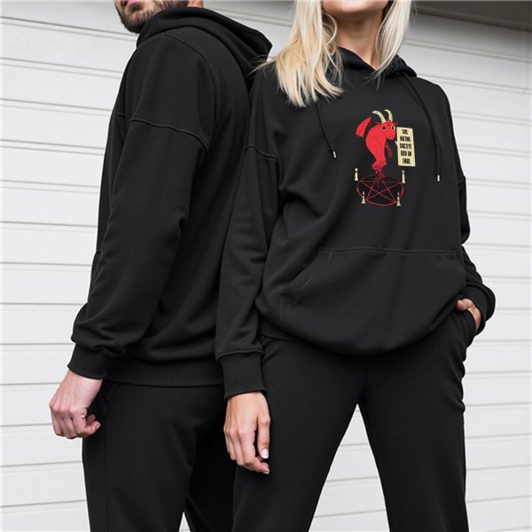 Black hoodie with cute devil pentagram graphic and funny text print