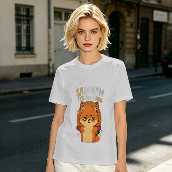 Olive green t-shirt with grumpy fox offering a hug graphic