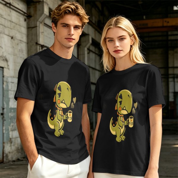Olive T-shirt with a grumpy cartoon dinosaur holding a coffee mug