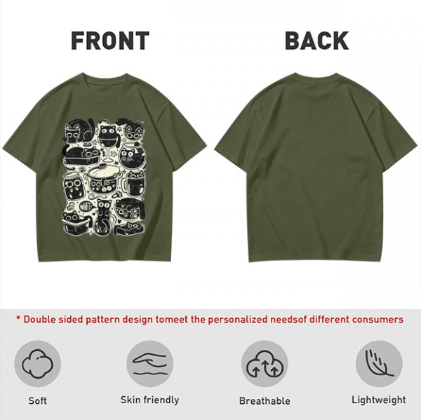 Olive Green T-Shirt With Playful Black Cats In Kitchenware Print