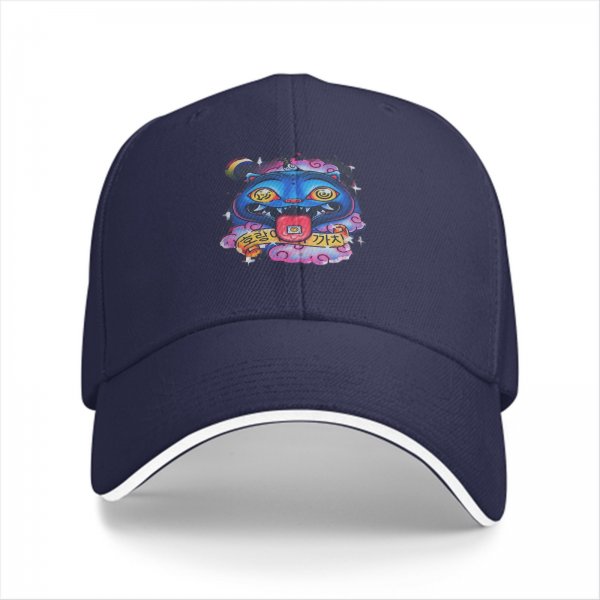 Black baseball cap with psychedelic blue cat graphic design