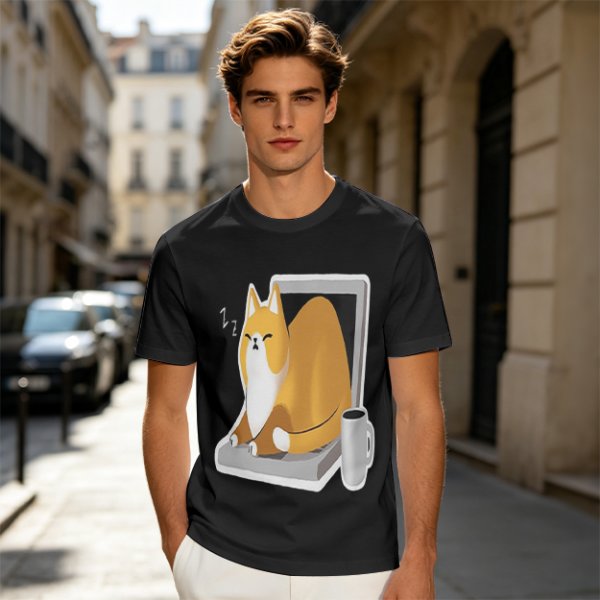 Olive T-Shirt with a Sleeping Cat on a Laptop Print