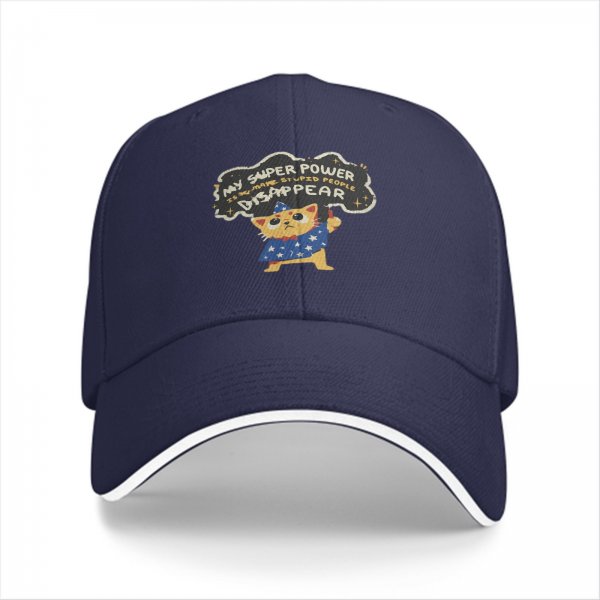 Black Baseball Cap With Wizard Cat 'My Super Power Is Making Stupid People Disappear' Print