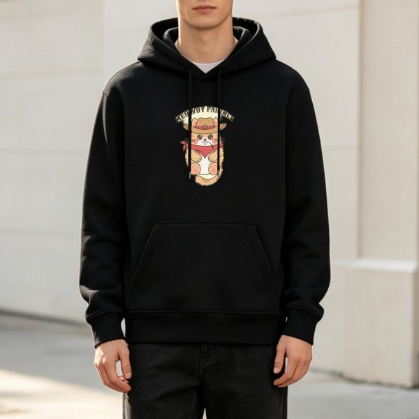 Black Hoodie with Cute Cowboy Cat 'Meowdy Partner' Graphic