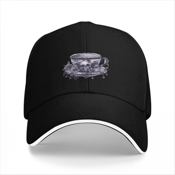 Black baseball cap with gothic teacup skull and rose print