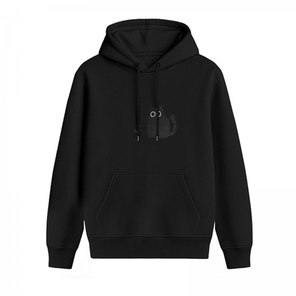 Black Hoodie with Subtle Cat Graphic Design