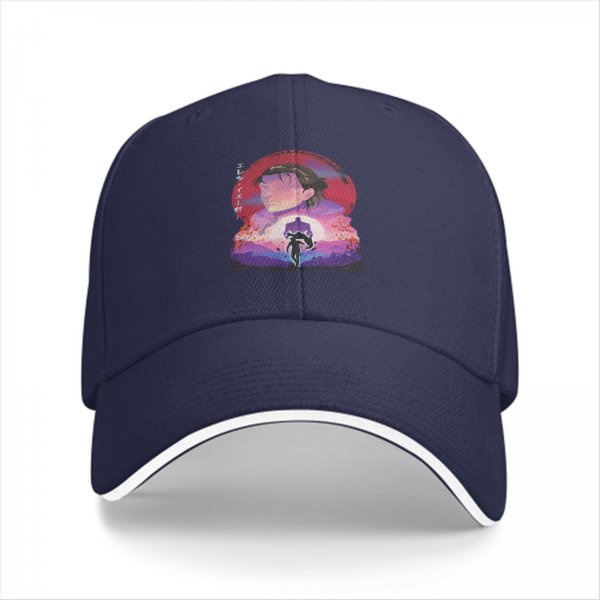 Black baseball cap with anime sunset graphic print