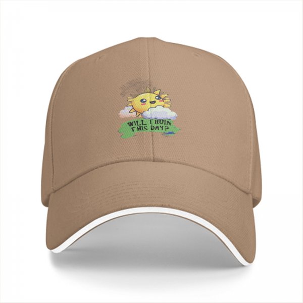 Black baseball cap with cute sun graphic and 'Will I Ruin This Day?' text