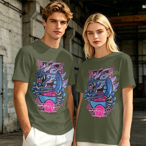 Olive T-Shirt With Neon Blue Dragon Holding Ramen Chopsticks Art