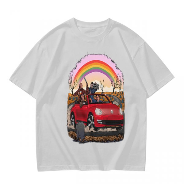 Olive T-Shirt With Red Convertible Car, Rainbow And People Graphic