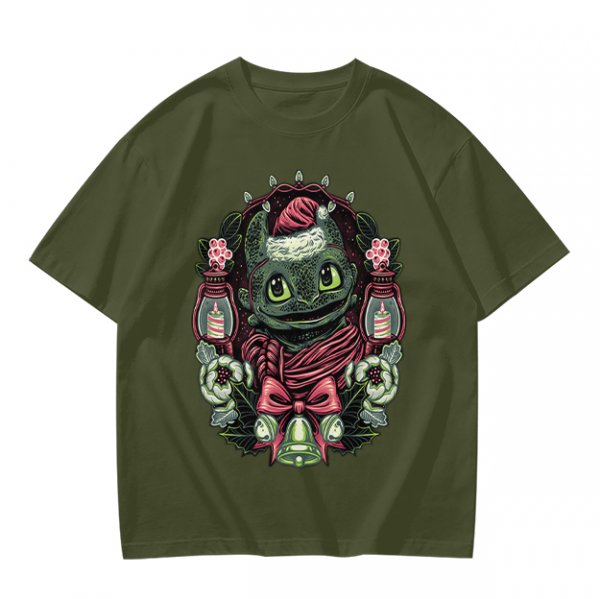 Olive T-shirt with Christmas Night Fury Dragon Festive Print