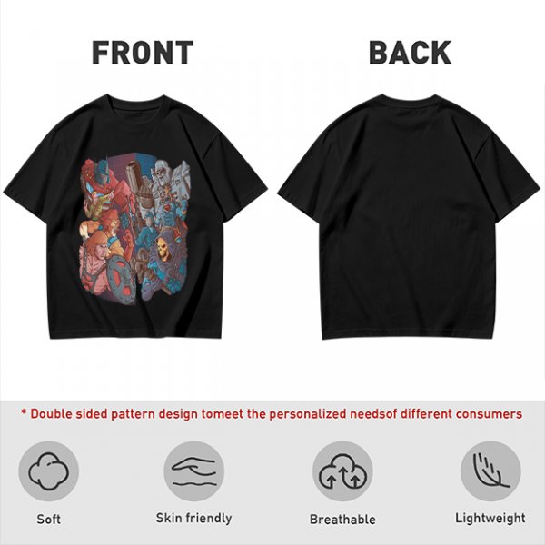 Olive T-shirt with 80s cartoon character crossover graphic