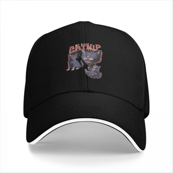 Black baseball cap with 'My First Catnip' and cat graphic print