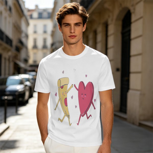 Olive T-Shirt with Dancing Pizza Slice and Heart Graphic