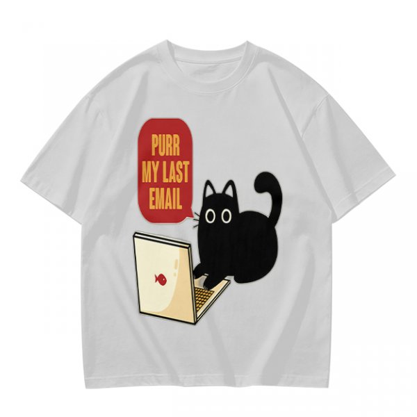 Black cat typing on laptop with 'Purr My Last Email' graphic t-shirt