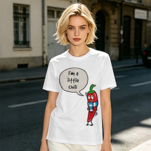 Olive green t-shirt with funny 'I'm a little chili' cartoon chili print