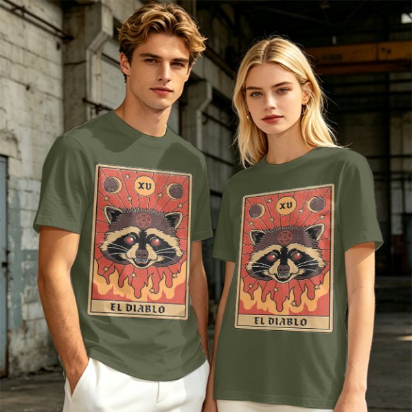 Olive T-Shirt With Raccoon El Diablo Tarot Card Print