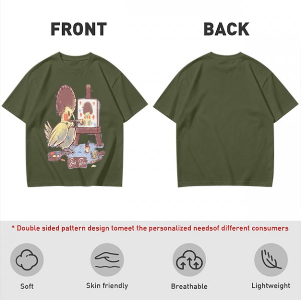 Olive T-Shirt Featuring a Bird Painting a Self-Portrait with an Afro