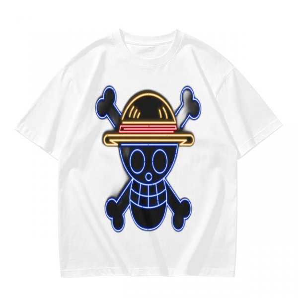 Olive T-Shirt with Neon Style Straw Hat Pirate Skull Print