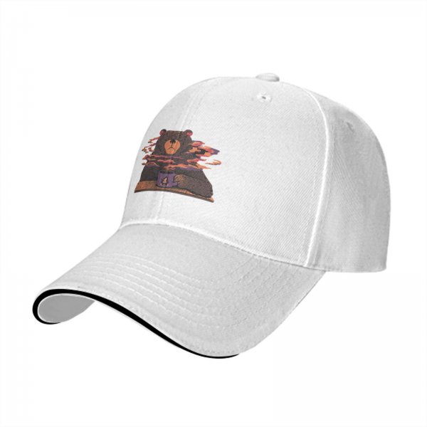 Black baseball cap with a bear holding a steaming coffee mug print