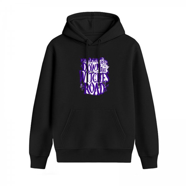 Black hoodie with 'Down the Witches Road' graphic print