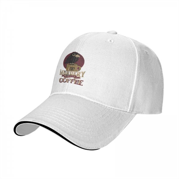 Black baseball cap with 'Too Murdery Without Coffee' crow graphic