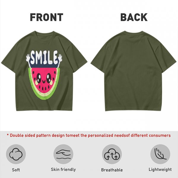 Olive T-Shirt With Cute Watermelon Graphic And Smile Text