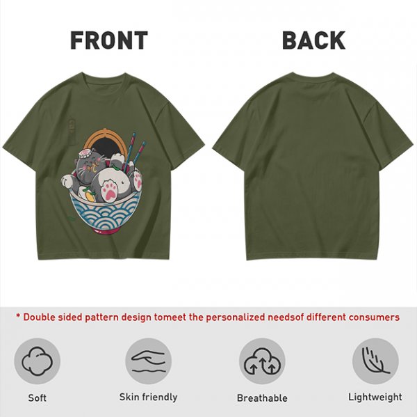 Oversized T-Shirt With Chubby Cat In Ramen Bowl Print