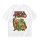 Olive green pizza graphic t-shirt with playful pizza slice characters