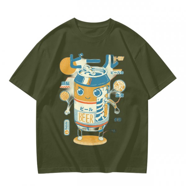 Olive T-Shirt With Kawaii Beer Can Robot Graphic