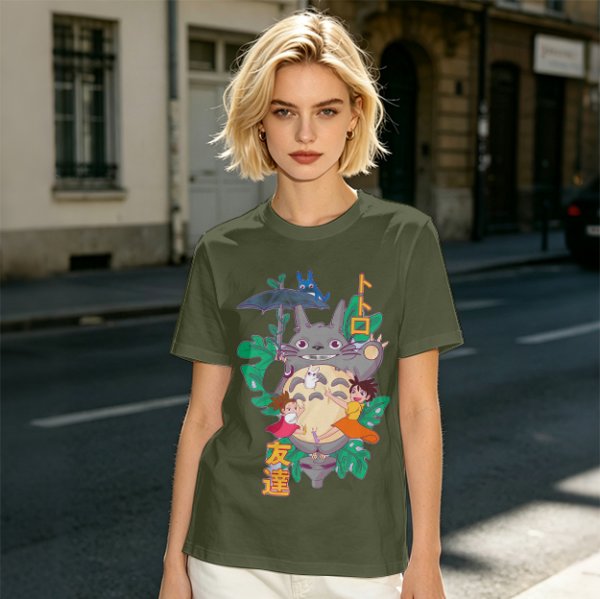 My Neighbor Totoro Graphic T-Shirt with Anime Characters and Leaves