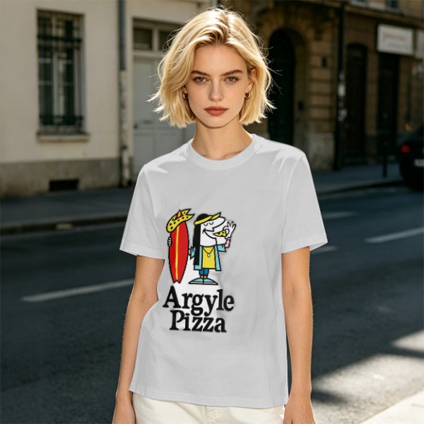 Olive T-Shirt with Surfer Pizza Character and Argyle Pizza Print