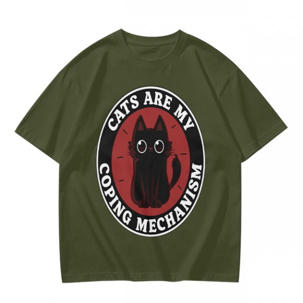 Olive t-shirt with 'Cats Are My Coping Mechanism' and black cat graphic