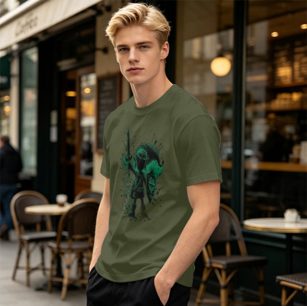 Olive Green T-Shirt With Legendary Hero Ink Splatter Art