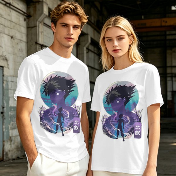 Anime character silhouette graphic tee with stylized purple and blue art
