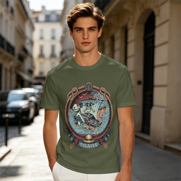 Olive Green Pirate Themed T-Shirt with Ship and Skull Graphic
