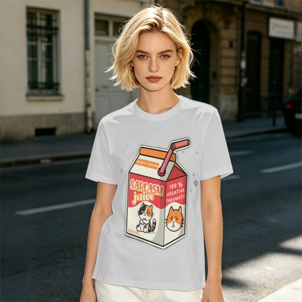 Olive green t-shirt with sarcasm juice carton and grumpy cat print