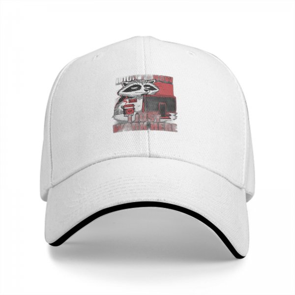 Black baseball cap with a tired raccoon office worker graphic