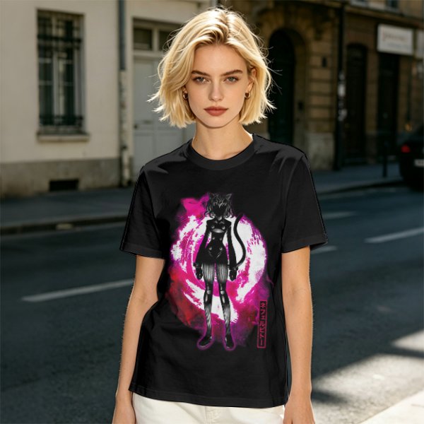 Olive anime cat character graphic t-shirt with pink abstract background