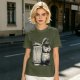 Olive Green T-Shirt With Raccoon Standing Next To Trash Can Graphic